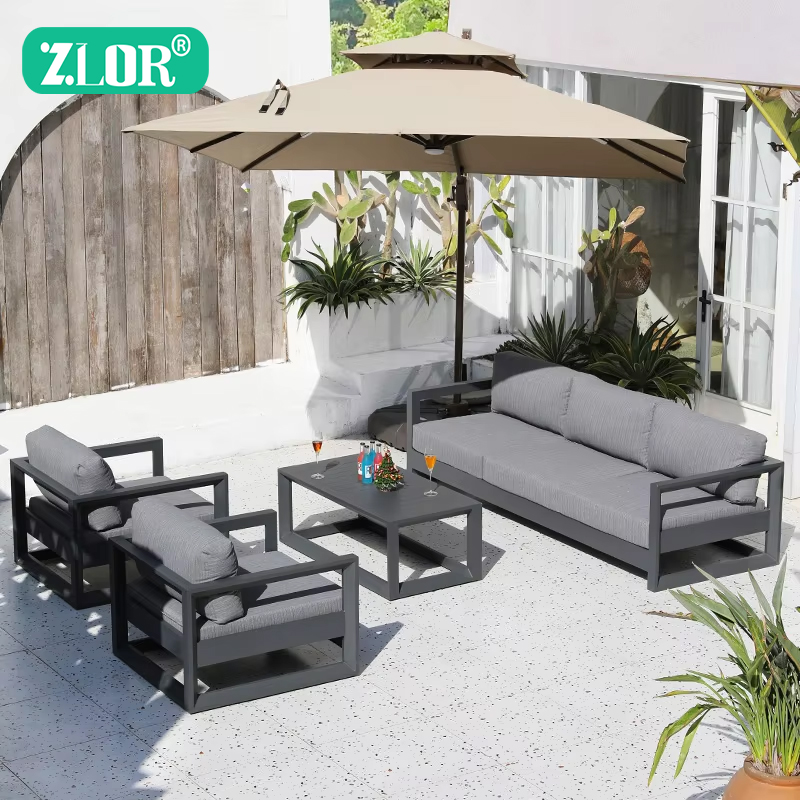 Outdoor Furniture Luxury - ชุดโซฟาอลูมิเนียมกลางแจ้งสุดหรู โซฟาสวน โซฟาหรูหรา เฟอร์นิเจอร์คุณภาพสูงสำหรับลานบ้าน โครงสร้างโลหะทันสมัย สำหรับใช้งานกลางแจ้ง