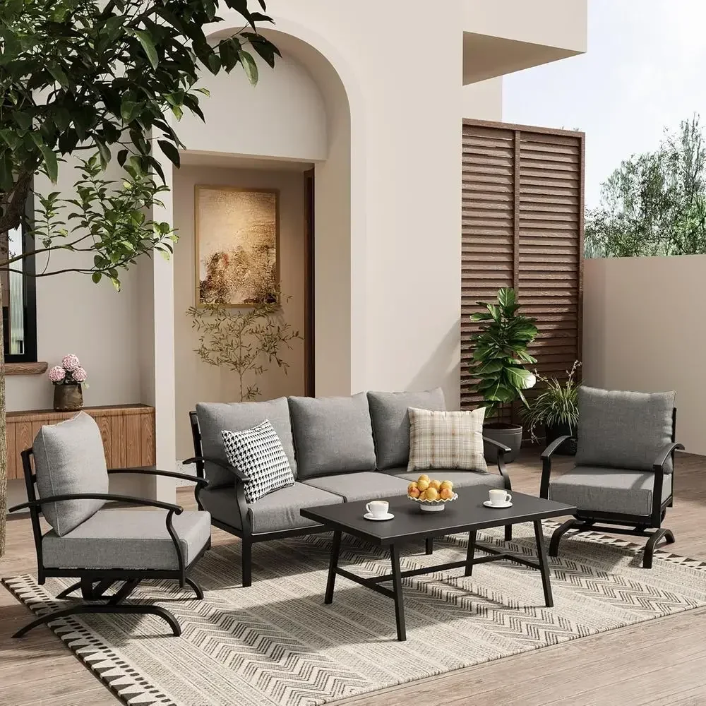 Outdoor Furniture Metal Chairs - ชุดเฟอร์นิเจอร์สนามโลหะสีเทา พร้อมโต๊ะกลางและเก้าอี้โยก สำหรับระเบียง หลังบ้าน หรือริมสระว่ายน้ำ